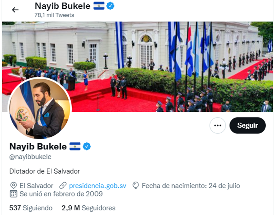 Nayib Bukele actualiza su biografía de Twitter a “Dictador de El Salvador”