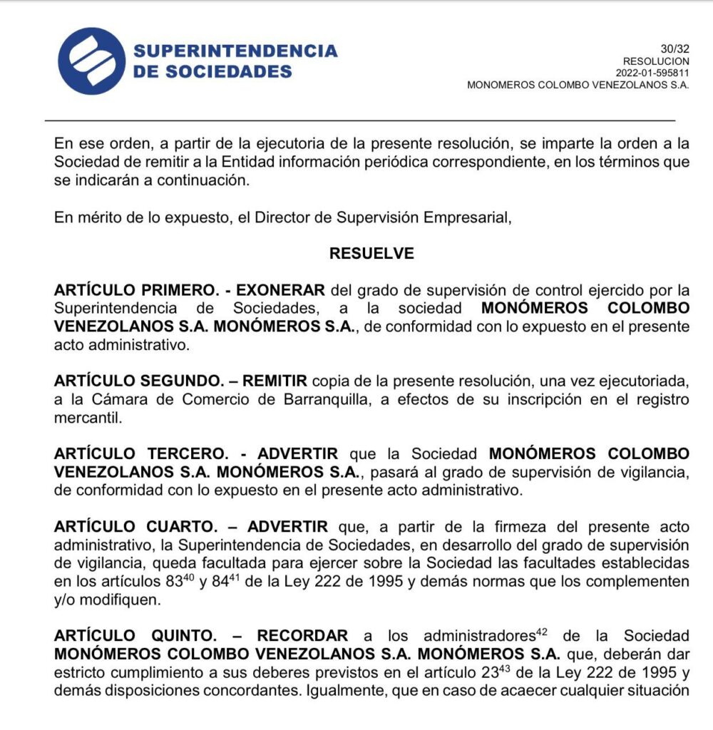 Superintendencia de Sociedades de Colombia deja sin efecto intervención de Monómeros